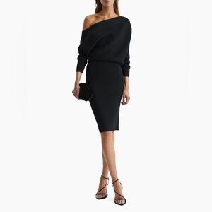 Reiss Black Lara Off-The-Shoulder Ribbed Midi Dress in Black